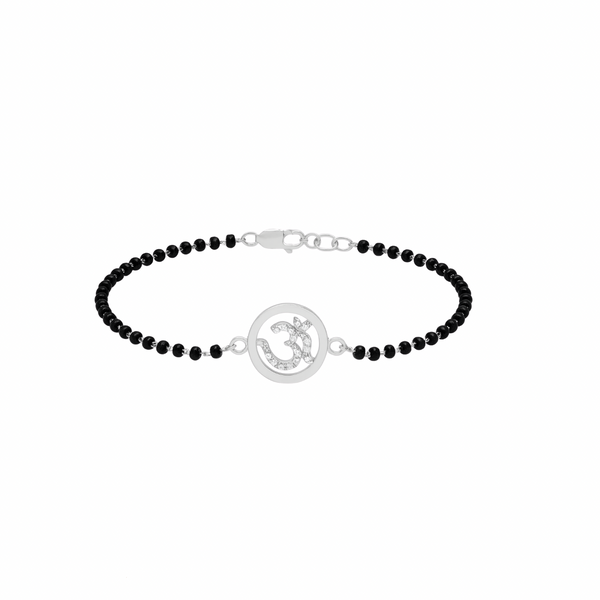 Diamond studded silver Om (Black beads)